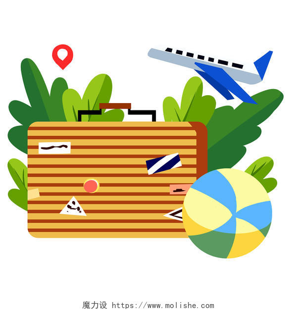 行李箱旅游元素矢量扁平风旅游旅行出游矢量PNG素材
